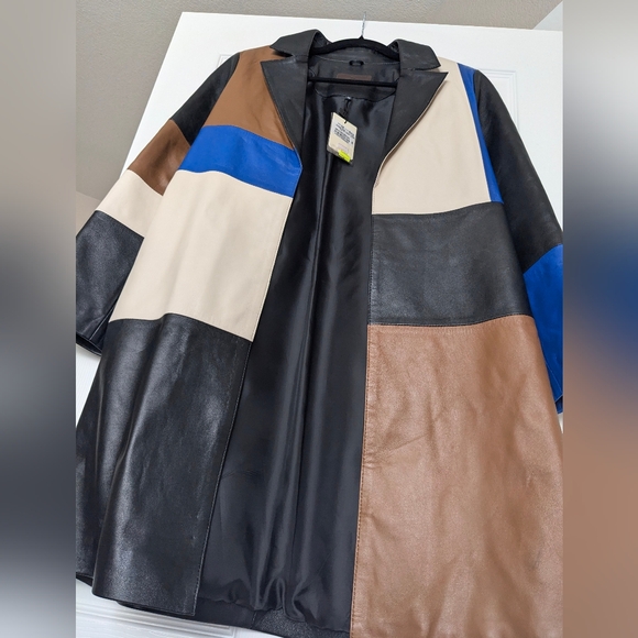 NWT Mashad Leather Patchwork Real Leather Coat. Black, Blue, Cream Brown Size 38 - Picture 6 of 7